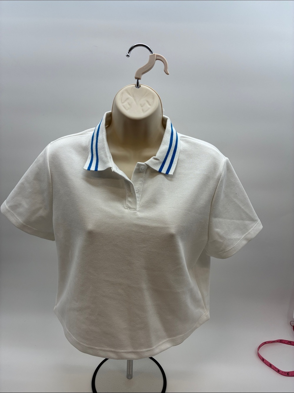Sadie & Sage White Crop Polo with Blue Stripe Collar